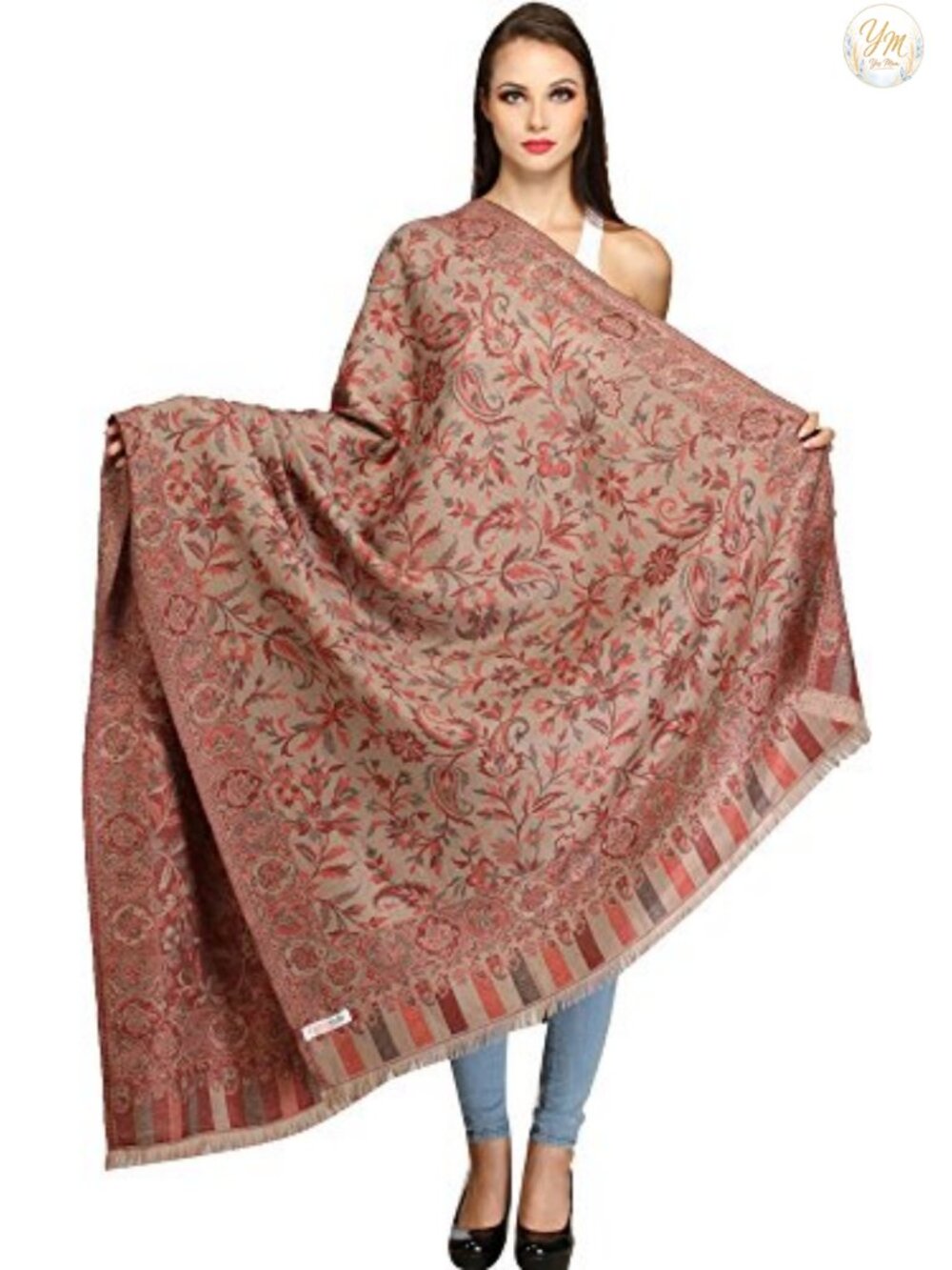 Reversible Jamawar Wool Shawl with Woven Flowers, Floral Wrap for Women